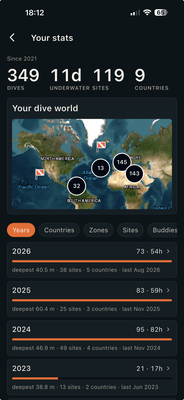 The Scubra Dive Log stats screen with a map of dive sites